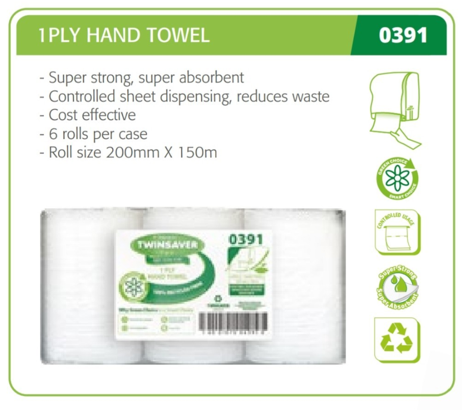 Twinsaver Reflex Hand Towels – 1 Ply x 6 Rolls – Code 391